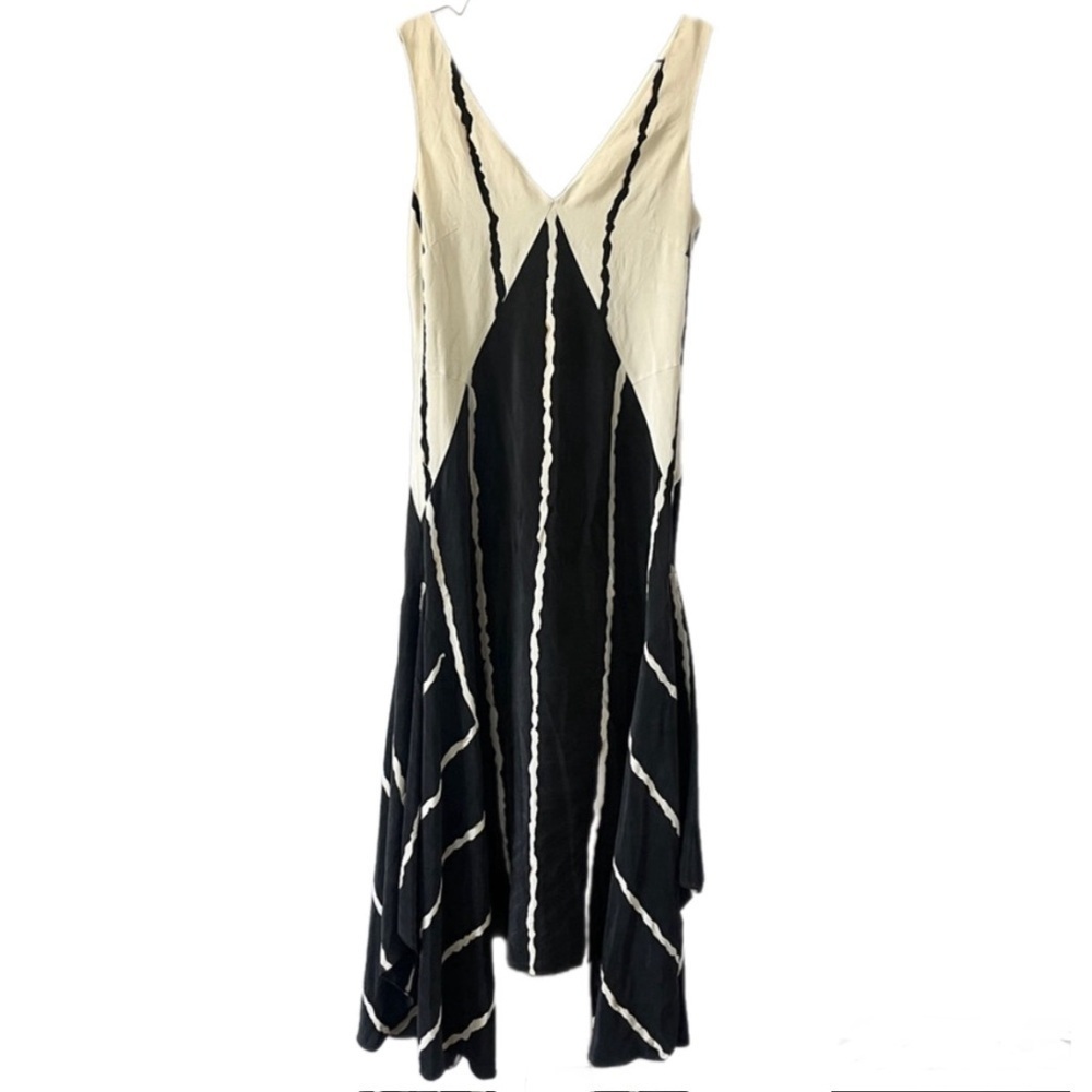 Derek Lam 10 Crosby 100% Silk Striped Uneven Hem V Neck Sleeveless Midi Dress 6
